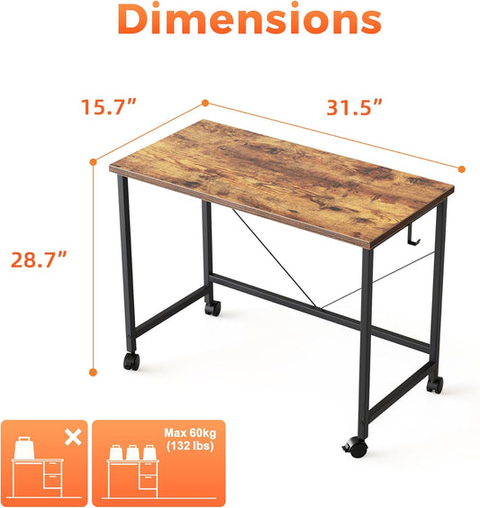 Rolling Computer Desk with Wheels, Gaming Desk for Small Spaces, Modern Simple Style Table for Home Office, Study Writing Table