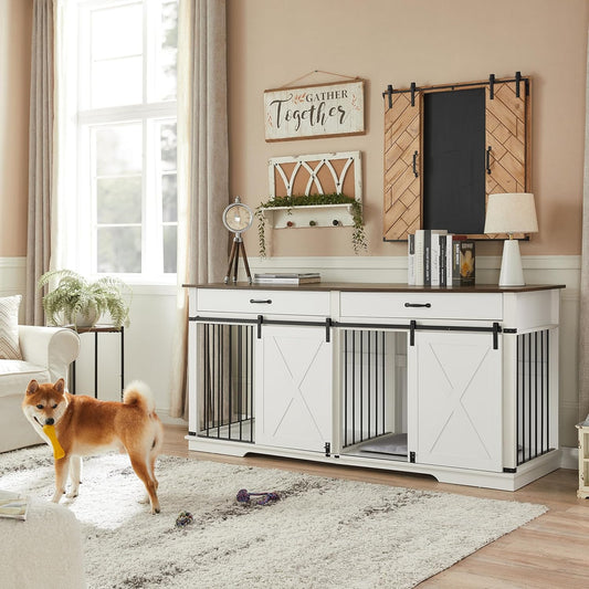 72.5" XXL Wooden Double Dog Crate Furniture for 2 Large Breeds, Farmhouse Barn Door, Removable Divider, Water Resistant with Built-In Drawers, Home Decor Pet Kennel, White