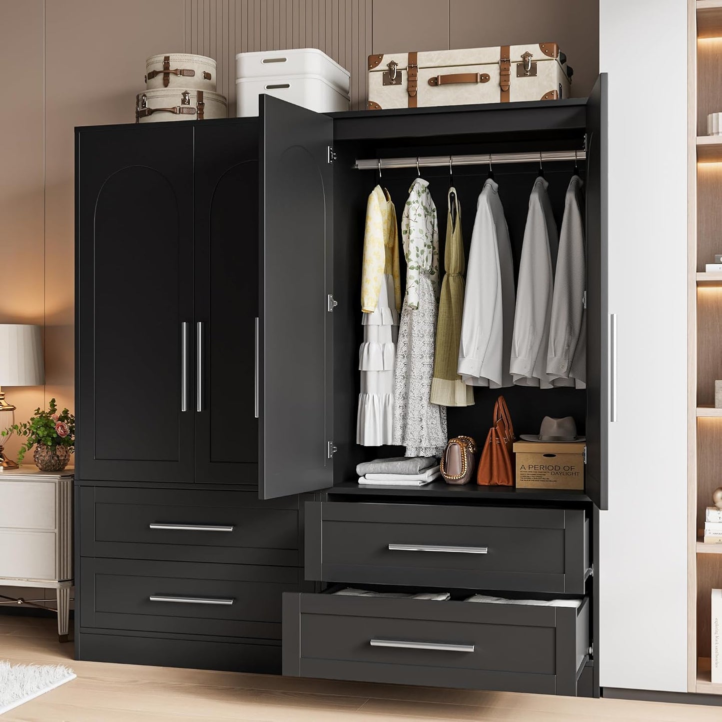 Wooden Armoire Wardrobe Closet with 2 Drawers, Clothing Storage Cabinet with Shelves Aluminum Hanging Rod, Wardrobe Storage with Strong Door Closure, Modern Bedroom Clothing Armoires, Black