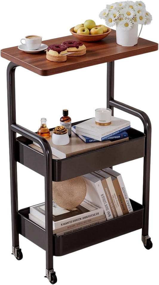 3 Tier Metal Rolling Utility Cart Organizer with Walnut Table Top, Stable and Sturdy Rolling Storage Carts with 2 Lockable Wheels for Kitchen,Bathroom,Snacks,Coffee,Craft,Makeup,Baby Essentials