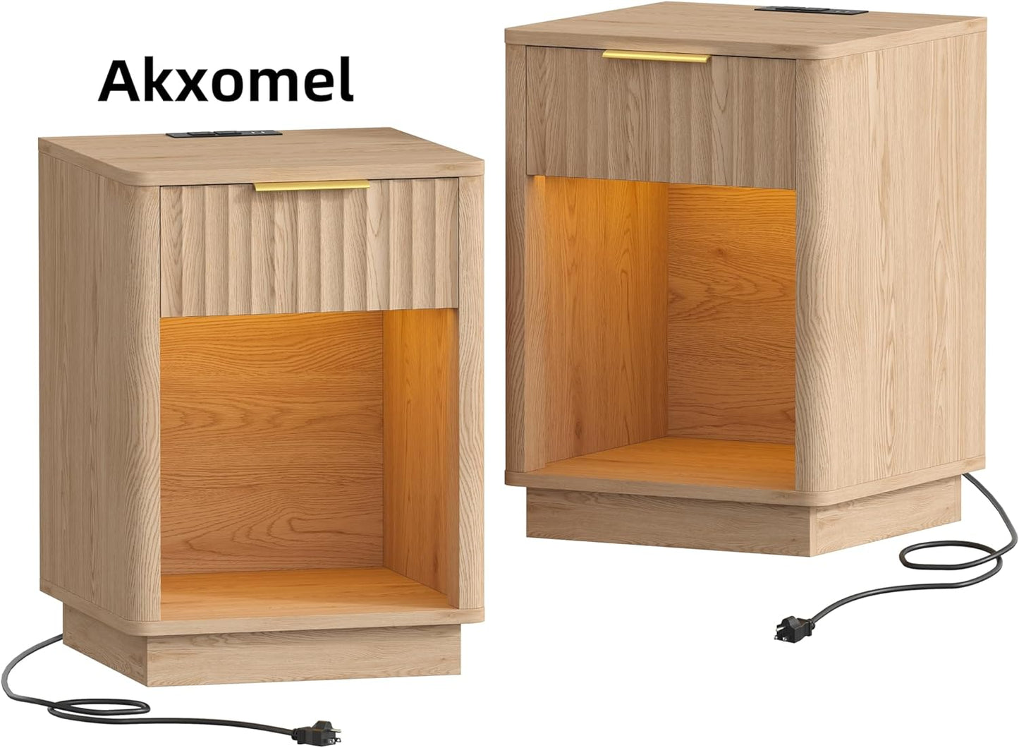 Fluted Nightstands Set of 2, Wooden Night Stand with Charging Station and LED Light, Modern Mid Century End Table with Drawer, 15" D X 15.7" W X 22.6" H, for Bedroom, Natural Oak
