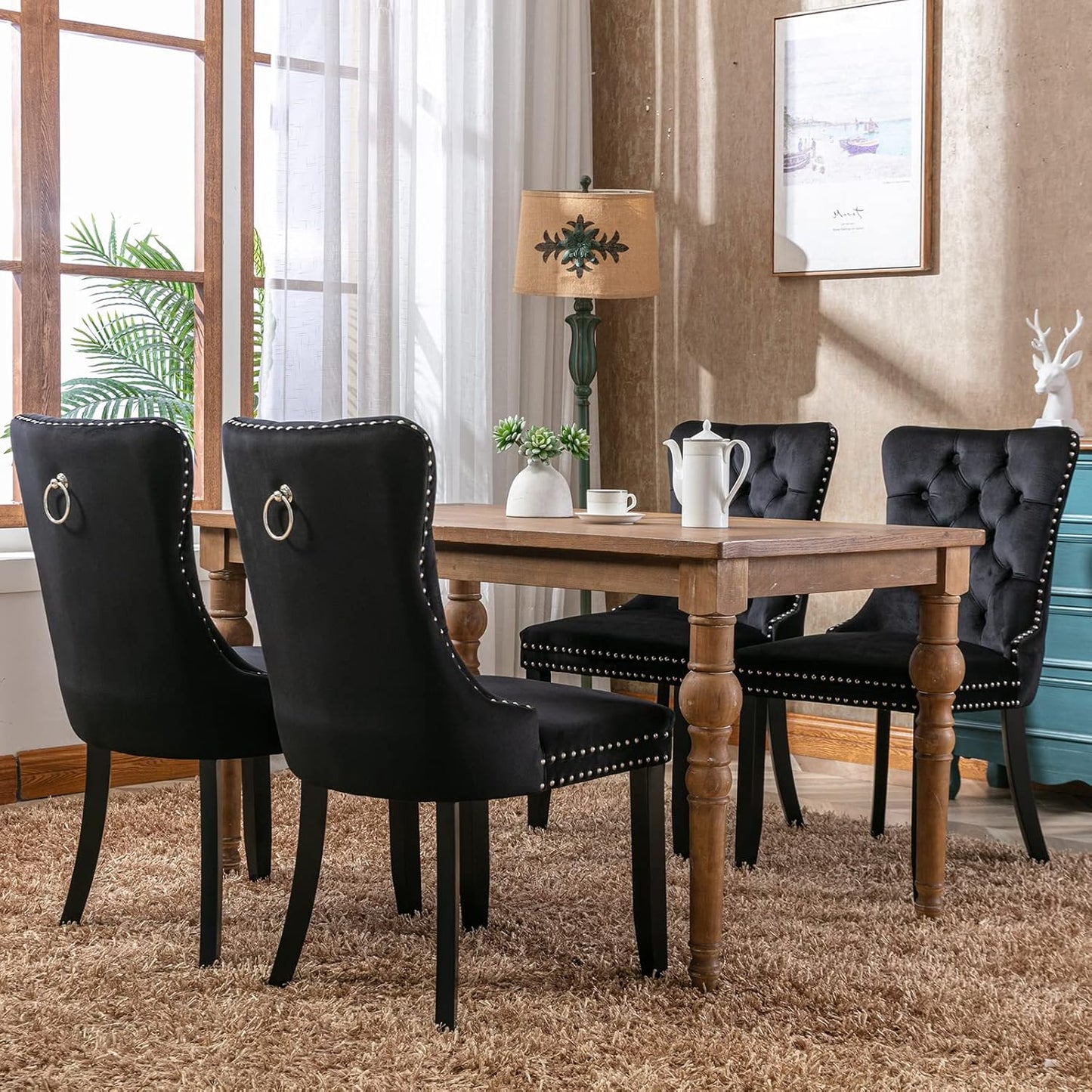 Black Velvet Dining Chairs Set of 4, Kitchen & Dining Room Chairs, Four Fabric Tufted Dinning Chairs, Velvet Upholstered, Wing Back, Metal Pull Ring, Wood Frame, Mid Century Modern