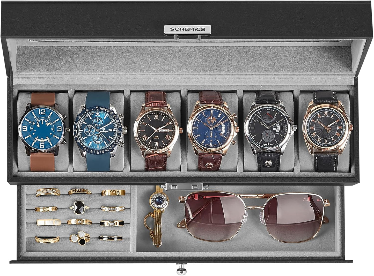 Watch Box, 20-Slot Watch Case Organizer with Large Glass Lid, Removable Pillows, Metal Lock, Gift for Loved Ones, Black Synthetic Leather, Wine Red Lining UJWB020R01