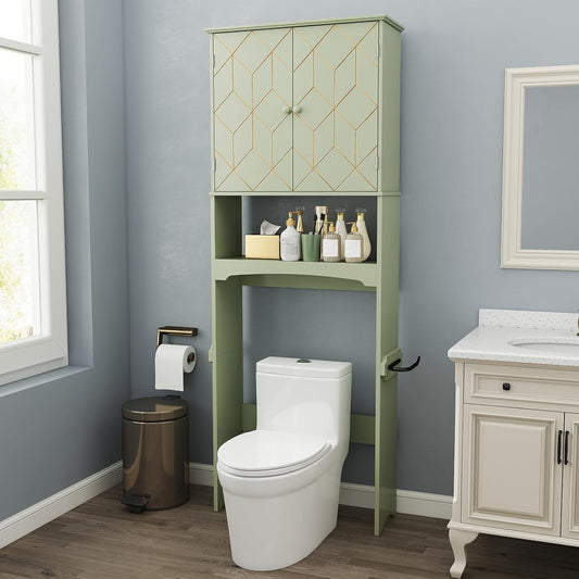 over the Toilet Storage Cabinet with Gold Trim,Modern Bathroom Cabinet over Toilet with Adjustable Shelves and Toilet Paper Holder,Over Toilet Organizer Space Saver for Bathroom (Green)