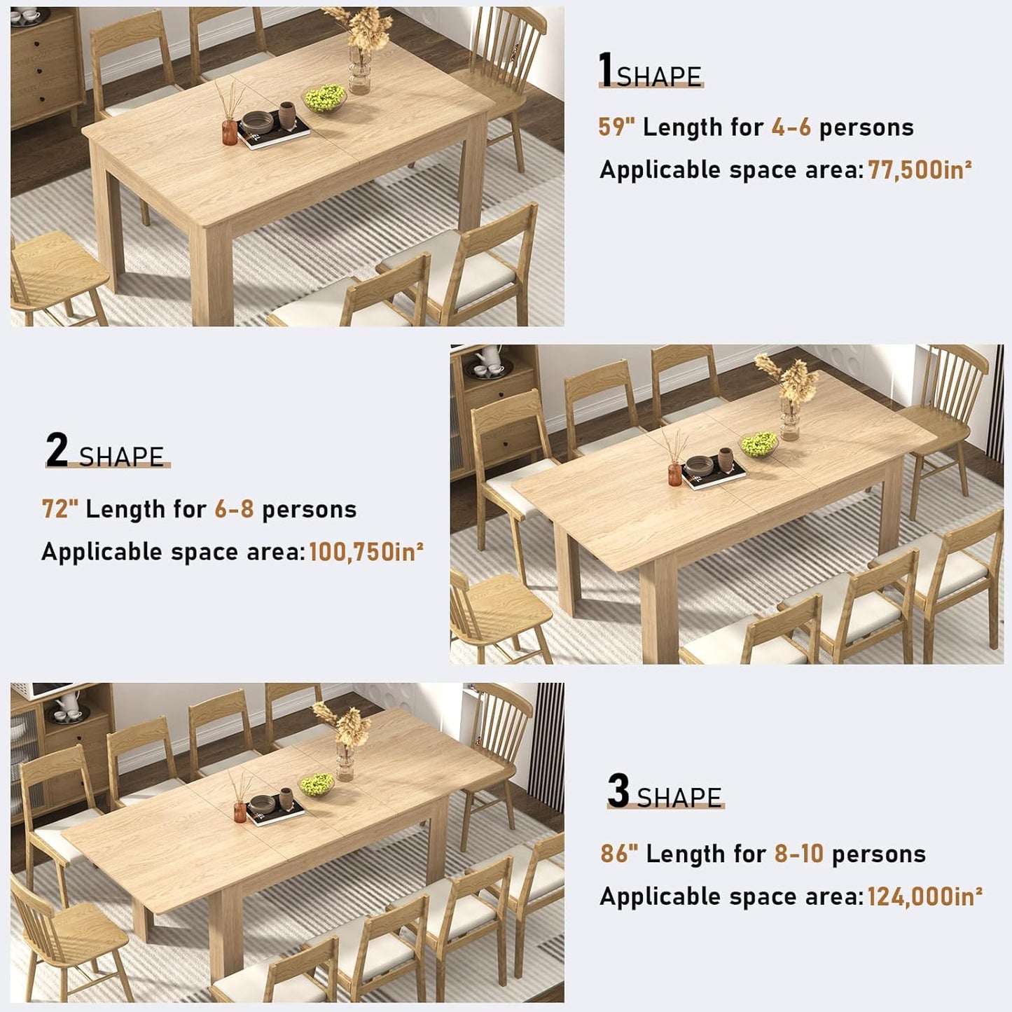 59"-86" Extendable Dining Table for 6-10 Person, Wooden Dining Room Table, Modern Extendable Table for Gatherings, Meeting for Small Kitchens, Dining Office Areas(Natural)