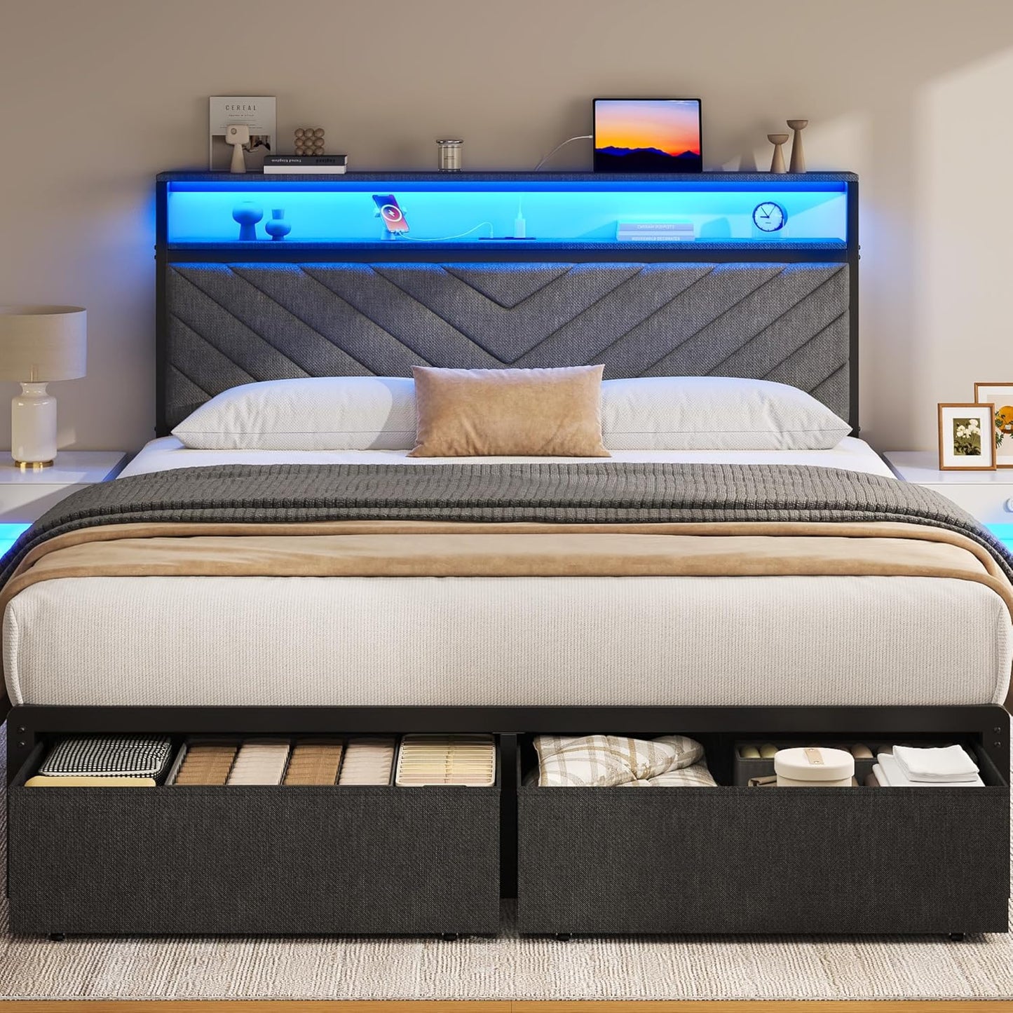 Grey queen storage bed with upholstered headboard and LED lights, view 8