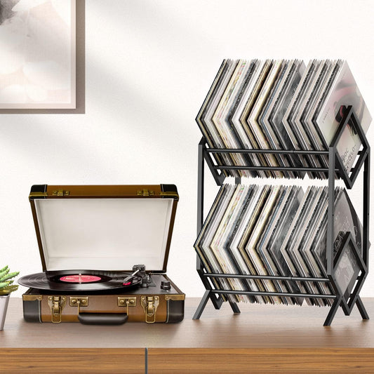 2-Tier-Vinyl-Record-Storage-Holder with Dividers, 200 Lps Albums Storage Rack Shelf, Steel Music Records Display Shelf Organizer for Book, Magazine, Files,Matte Black