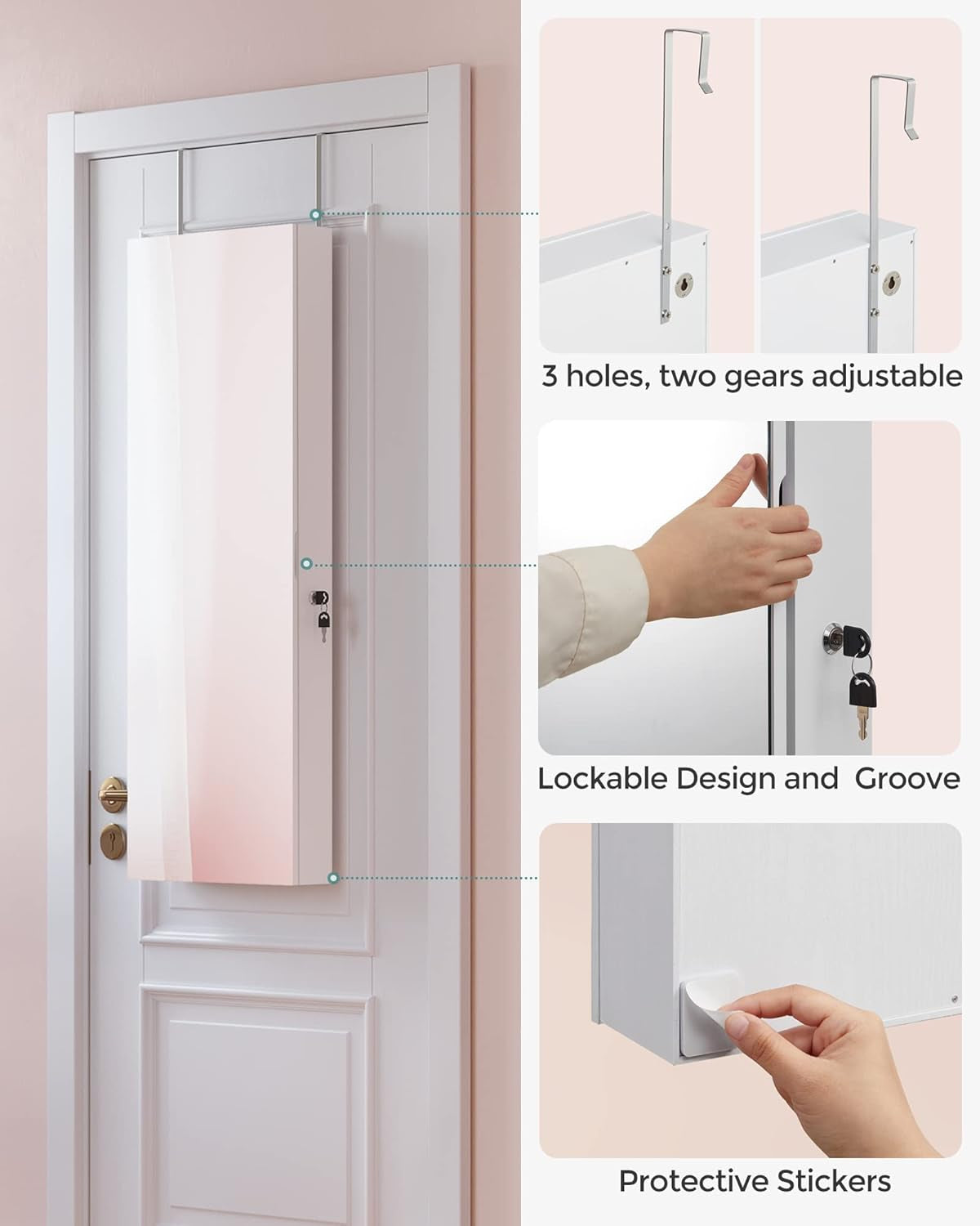 Mirror Jewelry Cabinet Armoire Organizer, Wall or Door Mount Storage Cabinet with Full-Length Frameless Lighted Mirror, Built-In Makeup Mirror, 2 Drawers, Lockable, White UJJC013W01