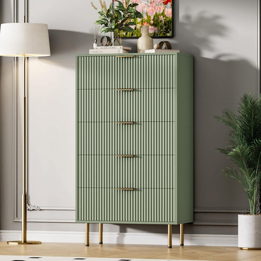 5 Drawers Dresser for Bedroom, Fluted Dresser Chest of Drawers with Handle, Wood Modern Dressers for Closet, Bedroom Furniture Storage Organizer for Living Room, Hallway