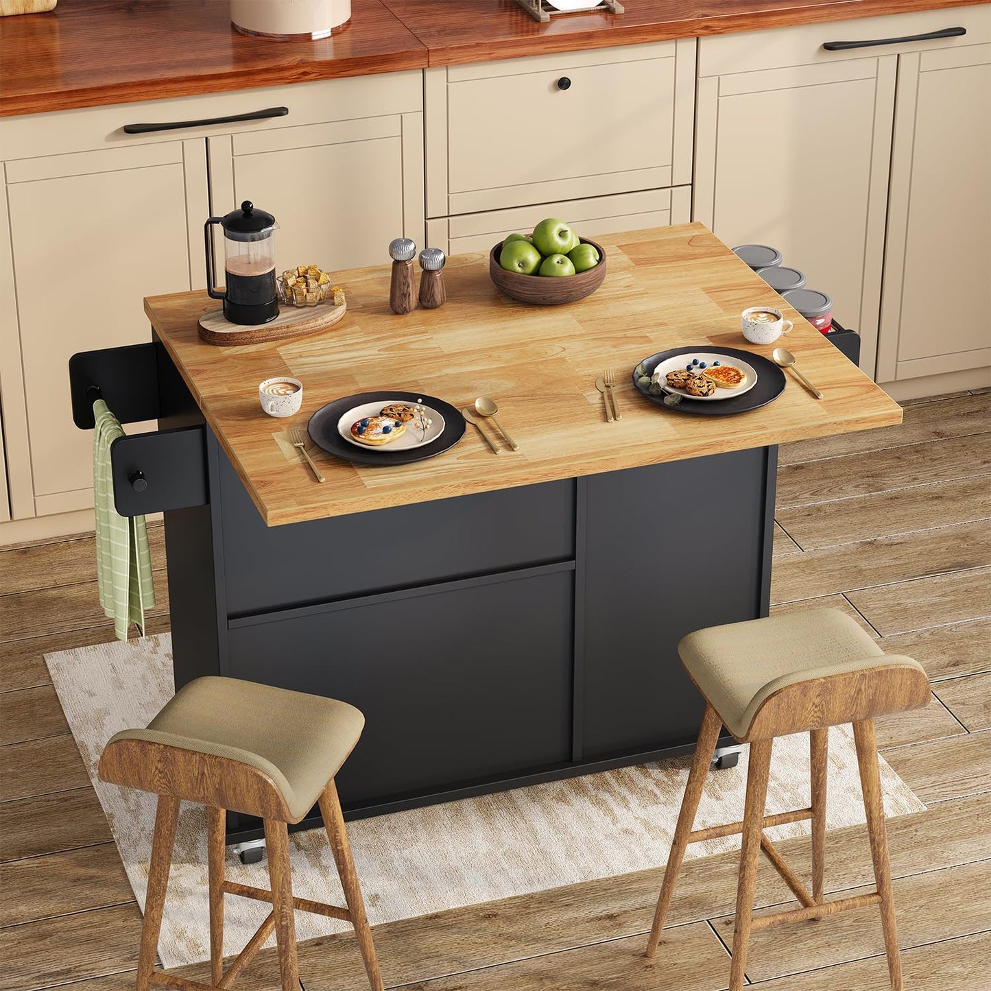 Rolling Kitchen Island with Storage Cabinet, 41.3'' Width Kitchen Cart with Desktop Drop Leaf Countertop, Portable Mobile Kitchen Island with Towel Rack, Spice Rack Shelf and Lockable Wheels, Black