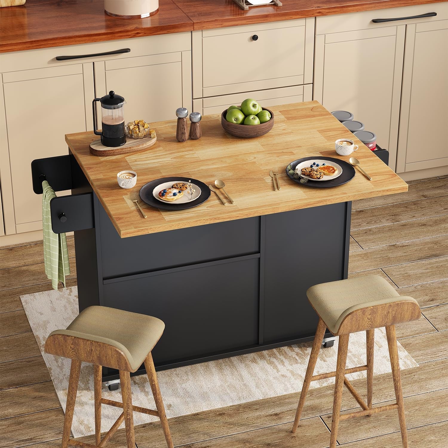 Rolling Kitchen Island with Storage Cabinet, 41.3'' Width Kitchen Cart with Desktop Drop Leaf Countertop, Portable Mobile Kitchen Island with Towel Rack, Spice Rack Shelf and Lockable Wheels, Black