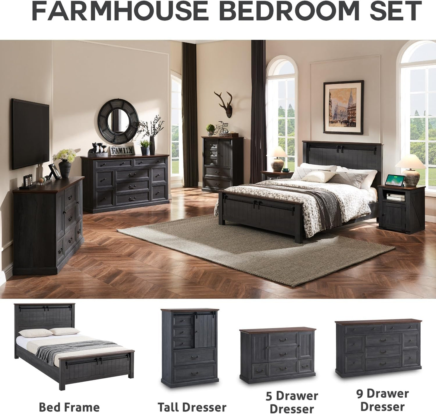 Farmhouse Queen Size Bed Frame with 47" Headboard, Wood Bed Frame with Groove Sliding Barn Door Footboard, Platform Bed with Wood Slats Support, No Box Spring Needed (Dark Grey)