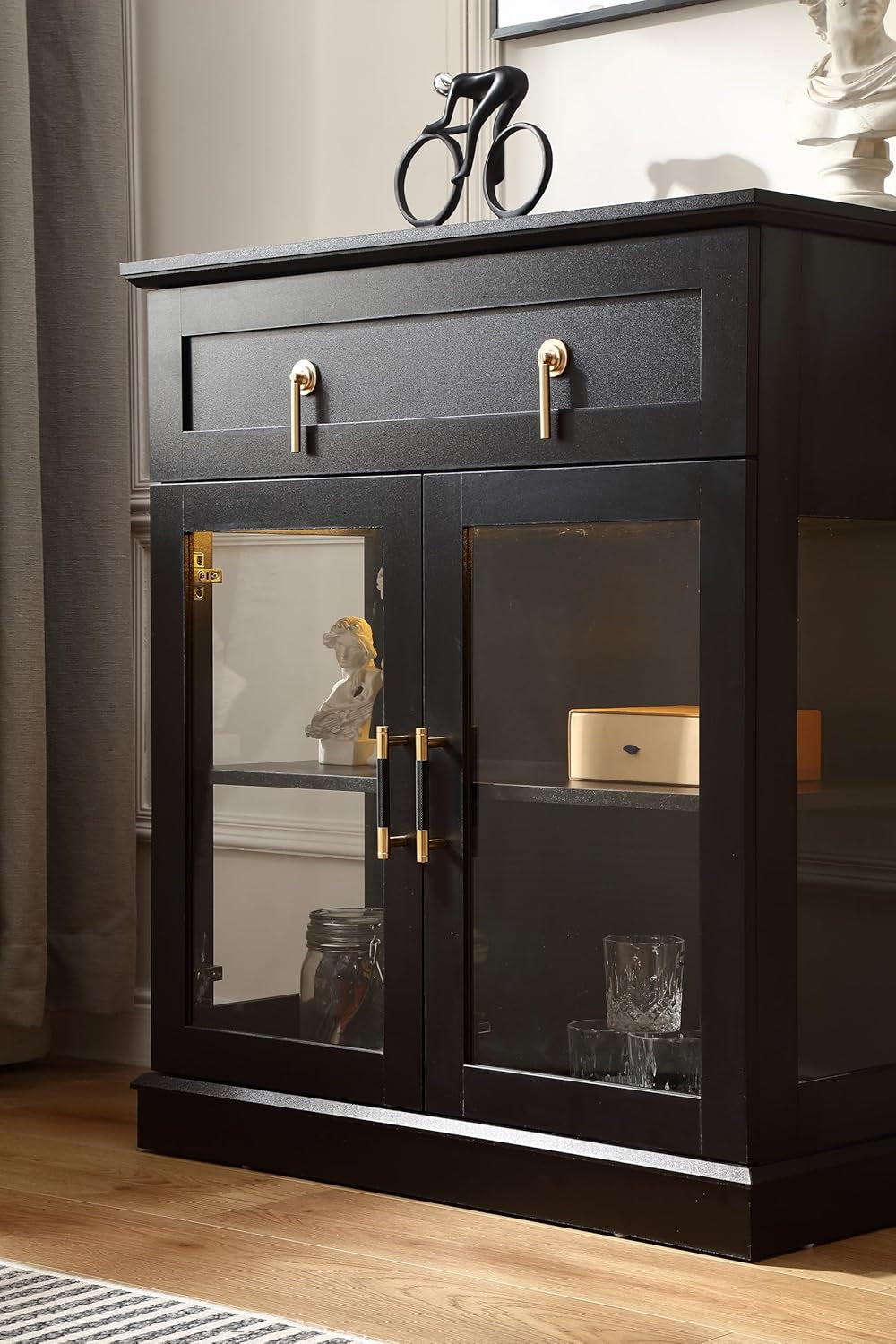 31.5'' Accent Small Buffet Cabinet with Storage, Buffet Sideboard with Two Glass Doors and a Drawer,Small Coffee Bar Cabinet with Adjustable Shelf,For Kitchen and Entryway,Black