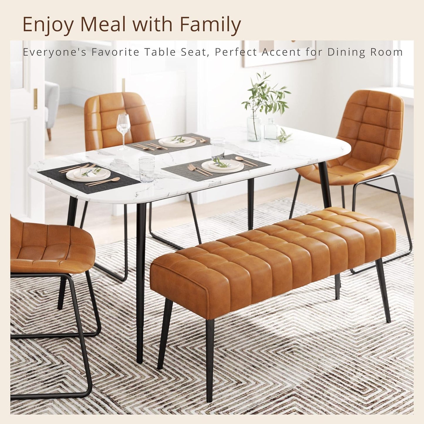 Entryway Bench, 44.5'' Leather Upholstered Bedroom Benches, End of Bed Bench with Metal Legs, Living Room, Dining Room, Whiskey Brown