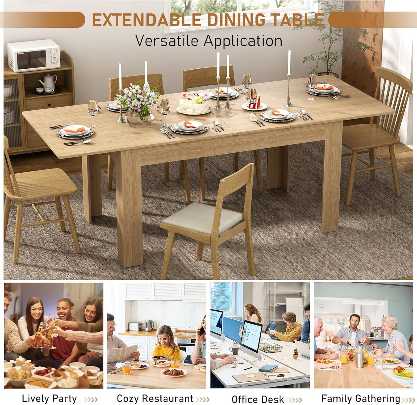 59"-86" Extendable Dining Table for 6-10 Person, Wooden Dining Room Table, Modern Extendable Table for Gatherings, Meeting for Small Kitchens, Dining Office Areas(Natural)