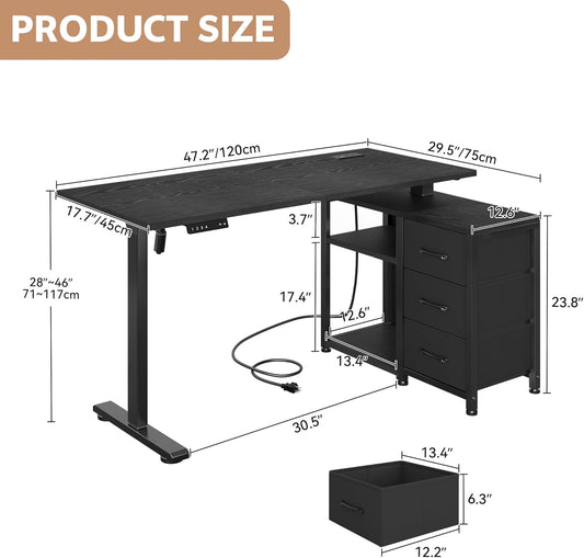 47 Inch L Shaped Standing Desk with 3 Drawers Electric Standing Desk with Storage Computer Game Desk Adjustable Height Desk with Power Outlets 4 Memory Presets for Home Office, Black