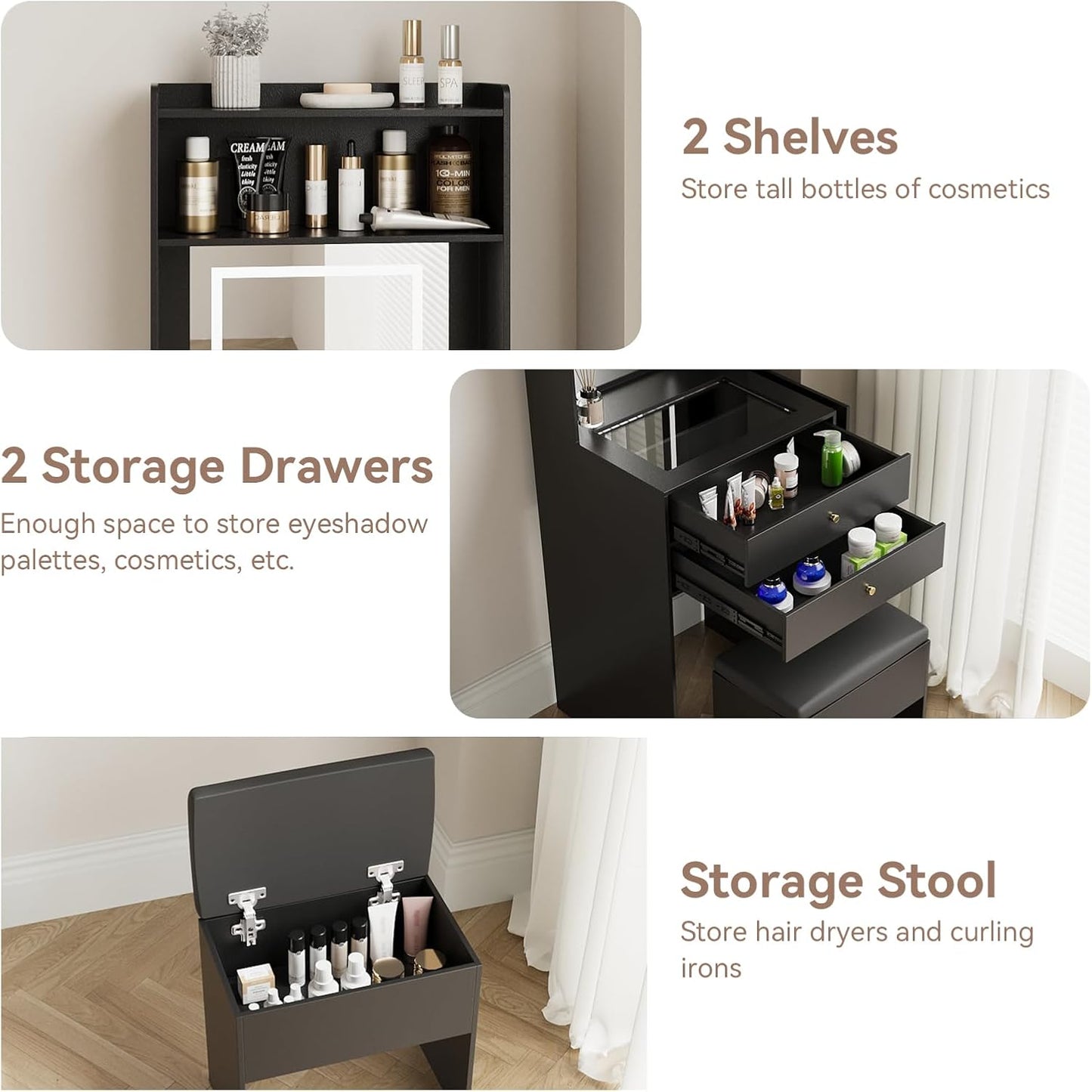 Small Vanity Desk Set with 3 Adjustable Lighted Mirror and Storage Chair Mini Black Makeup Vanities Set for Bedroom Compact Make up Dressing Table with Fold-Up Panel for Tiny Space