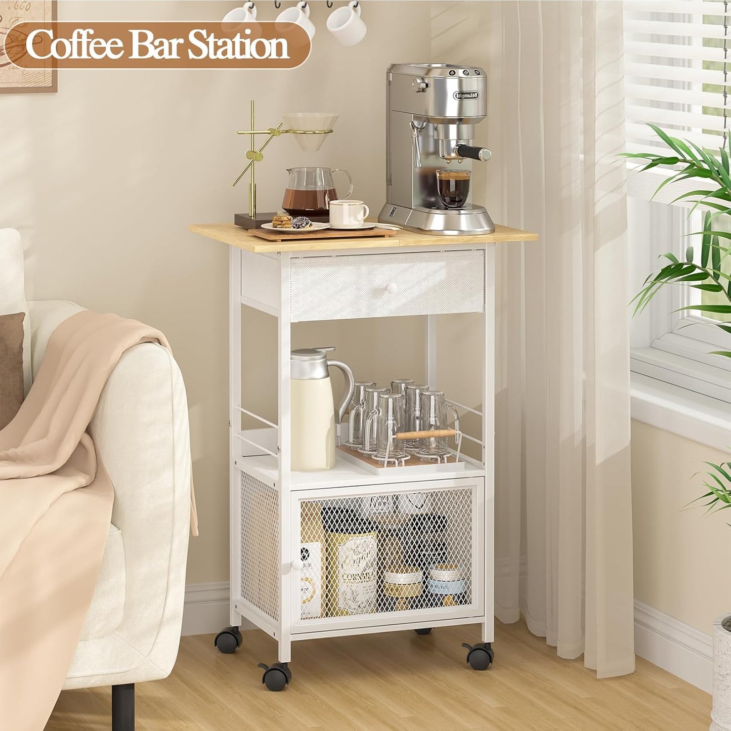4 Tier Kitchen Island with Cabinet, Microwave Cart with Storage, Small Rolling Kitchen Cart with Drawer, Coffee Bar Station on Wheels for Living Room, White