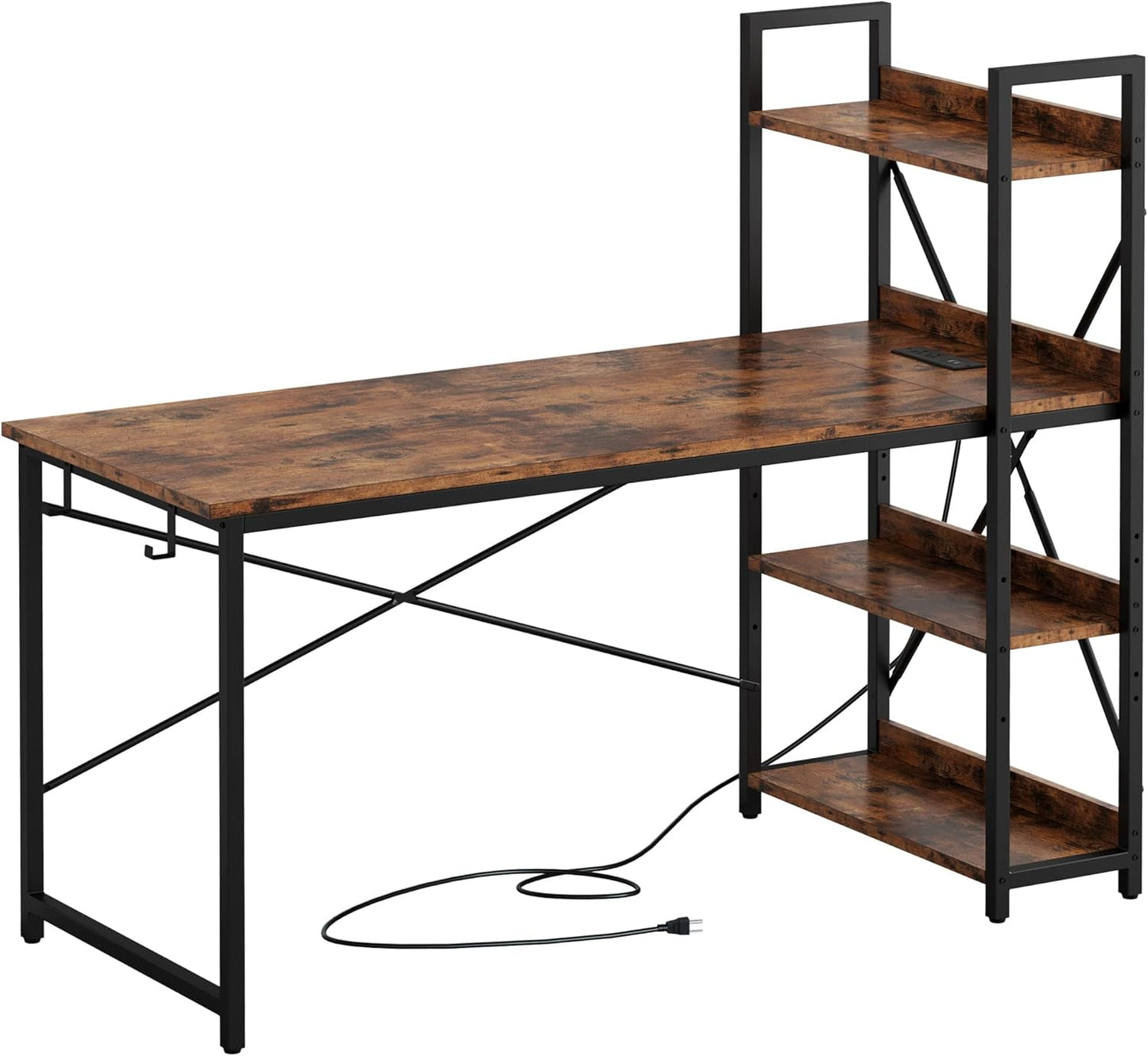 Computer Desk 55" with Power Outlet and Storage Shelves, Study Writing Table with USB Ports Charging Station, PC Desk Workstation for Home Office, Rustic Brown