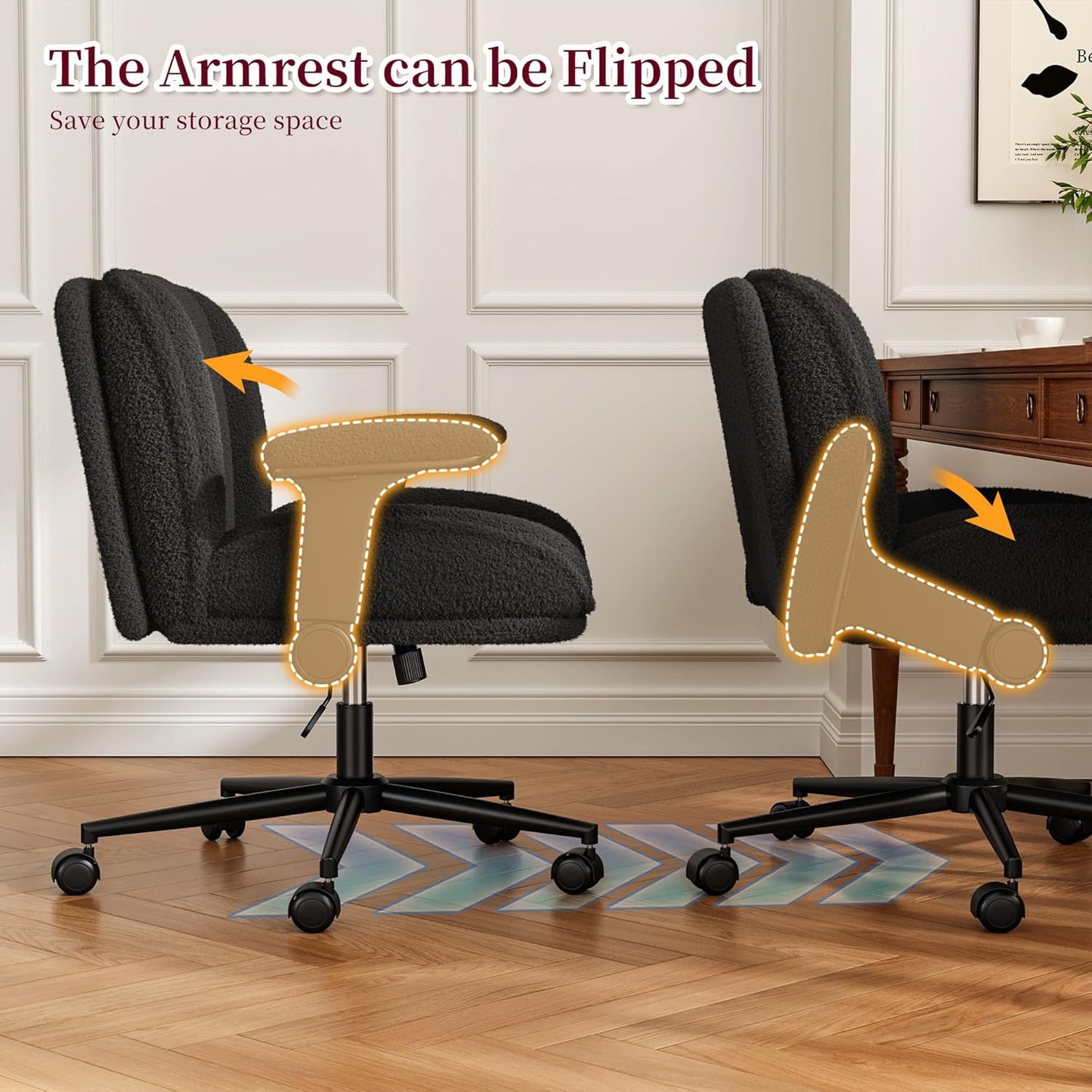 Cross Legged Office Chair with Flip-Up Arms, Wide Criss Cross Chair with Wheels & Extra-Deep Seat Thickened for Home Office, Vanity, Apartment Dorms,Plush Cushion,Cute,Comfy,Grey