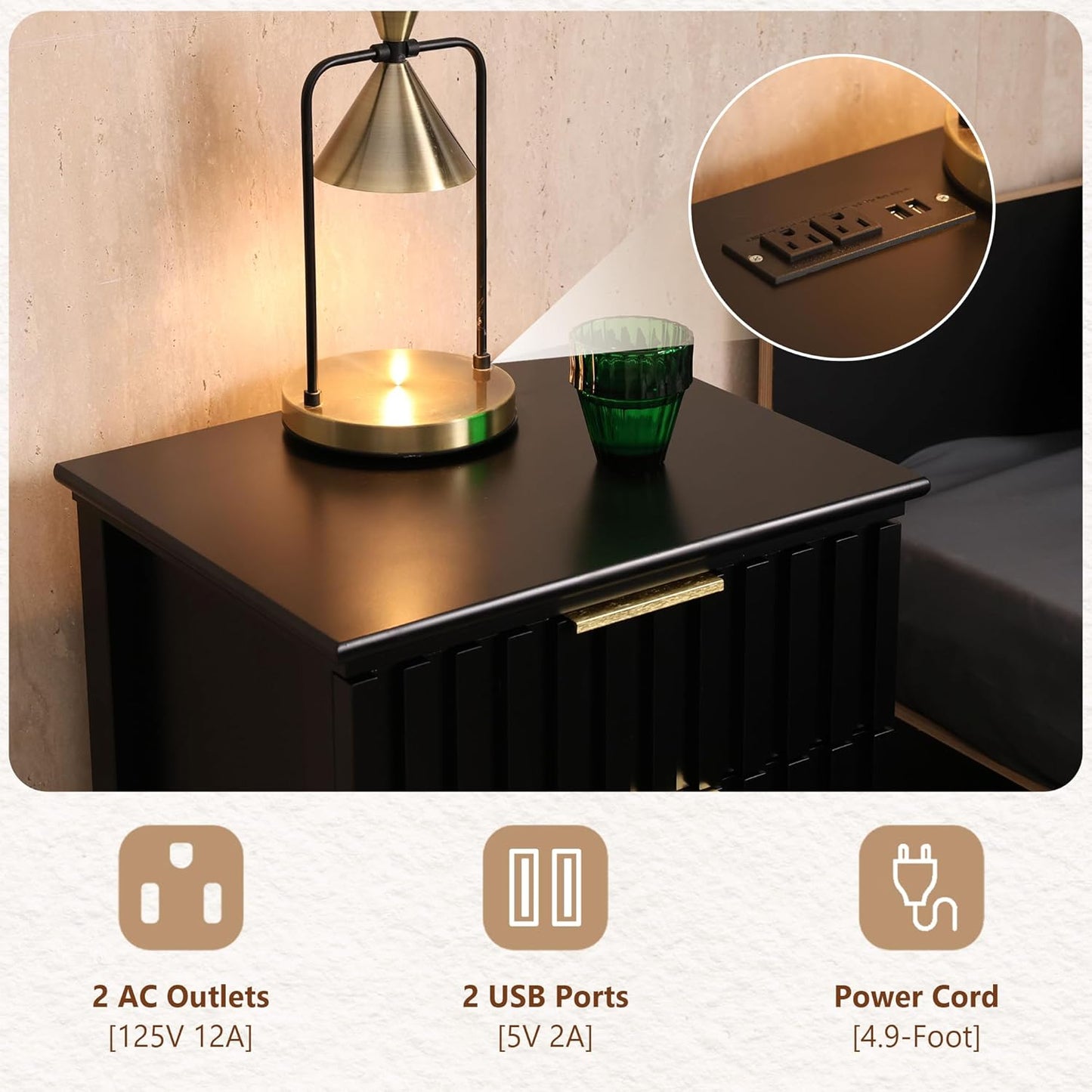 3 Piece Dresser and Nightstand Sets Modern Fluted Bedroom Set with 6 Drawer Dresser & 2 Nightstands,Mdf Wood, Gold Handles, Black Finish, Storage Furniture for Bedroom, Closet, Apartment