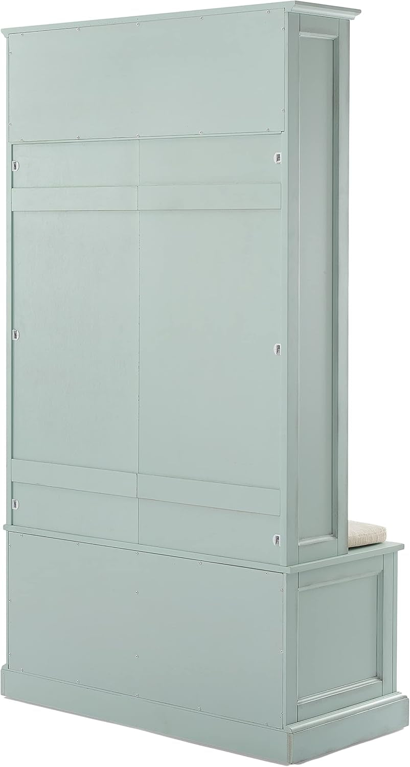 Holbrook Hall Tree with Shoe Rack Bench and Coat Hooks for Hanging Storage, Distressed Seafoam Blue