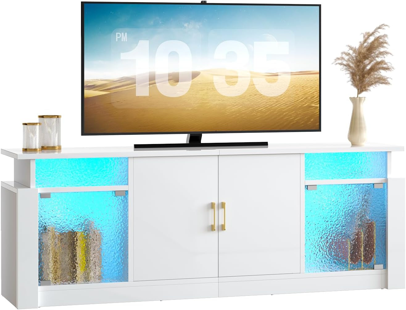 TV Stand for 65/70 Inch TV, High Gloss Entertainment Center with Storage Cabinets & Adjustable Shelves, Modern TV Console with Acrylic Door, TV Stands for Living Room Bedroom (Glossy White)