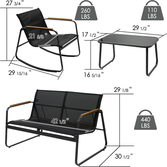 4-Piece Outdoor Patio Furniture Set with Textilene Chairs, Metal Conversation Set, Tempered Glass Coffee Table, Powder-Coated Steel Frame for Garden, Poolside, Backyard Black