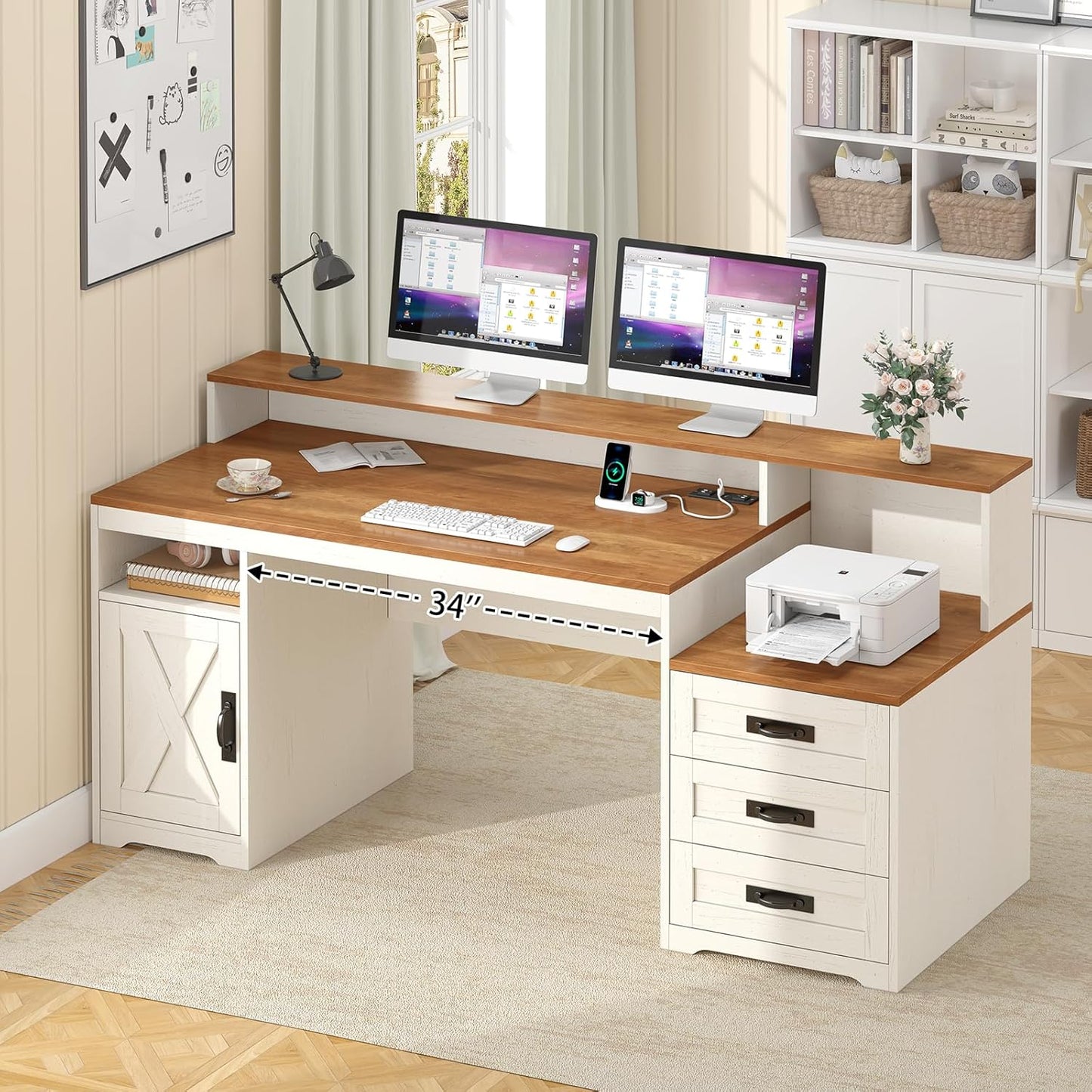 Farmhouse Computer Desk with Drawers, 65'' Home Office Desk with Power Outlets, Storage Cabinet and Printer Stand, Study Writing Desks with Long Monitor Stand, Brown and White