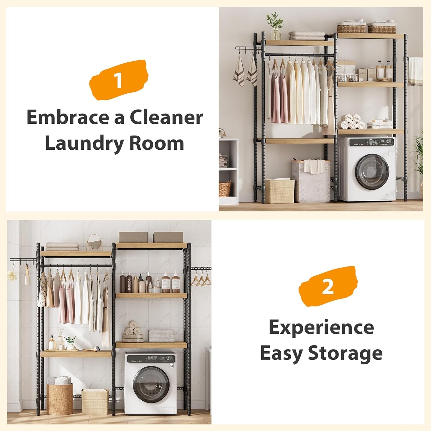 28" Over-The-Toilet/Washer Shelf – 5-Tier Laundry Organizer with Double-Layer Wood Shelves (100LB Capacity), Adjustable Height Storage for Small Spaces (Natural& Black)