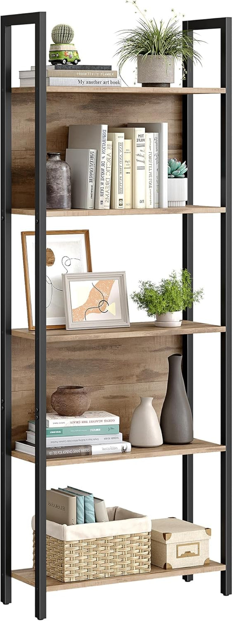 5-Tier Bookshelf and Computer Desk, Industrial Home Office Furniture Bundle, Steel Frame