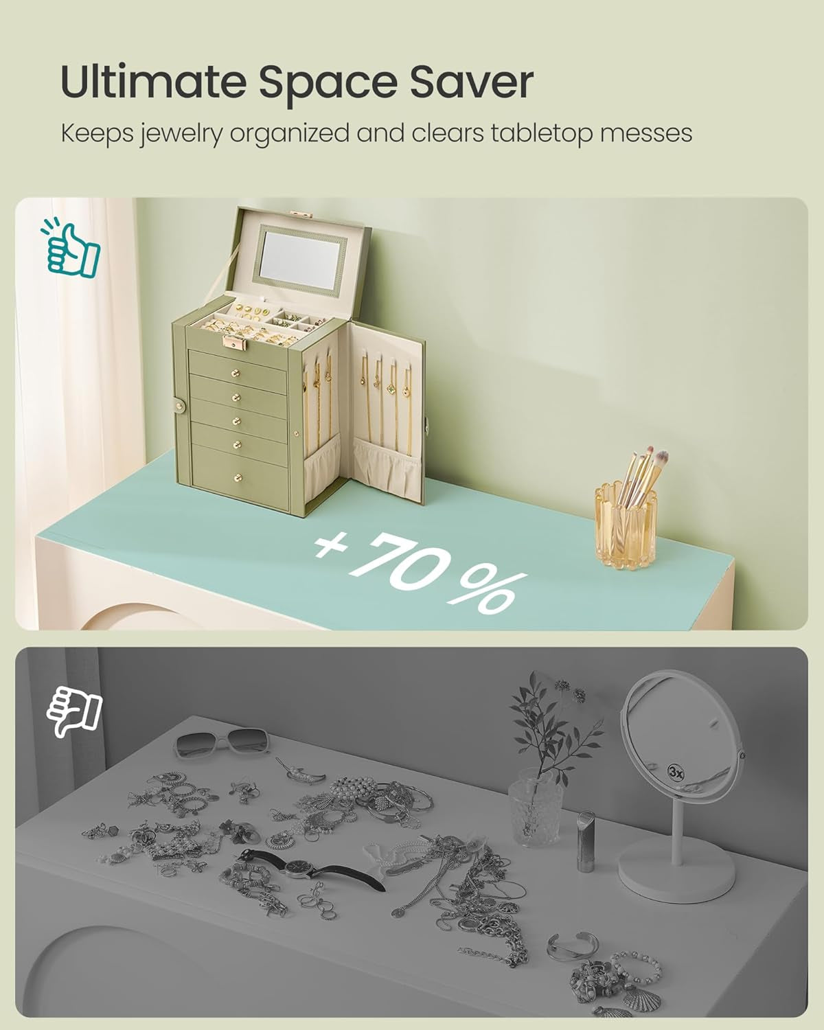 6-Layer Jewelry Box Organizer with 5 Drawers, Jewelry Storage Case with Lock and Mirror, Large Storage Capacity, Gift for Loved Ones, for Necklaces, Watches, Sage Green UJBC152CE01S