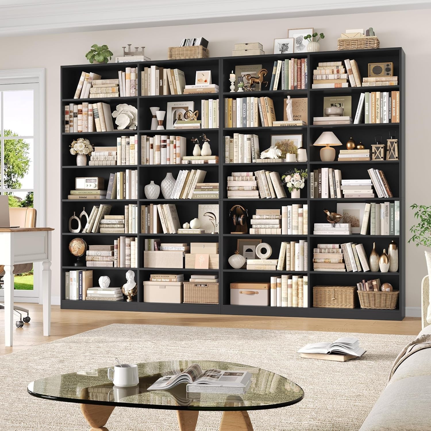 83.6" Tall Bookshelf and Bookcase, 7-Tier Extra Large Bookshelf with Double Storage, 14 Open Display Shelves for Home Office, Study and Living Room, Black