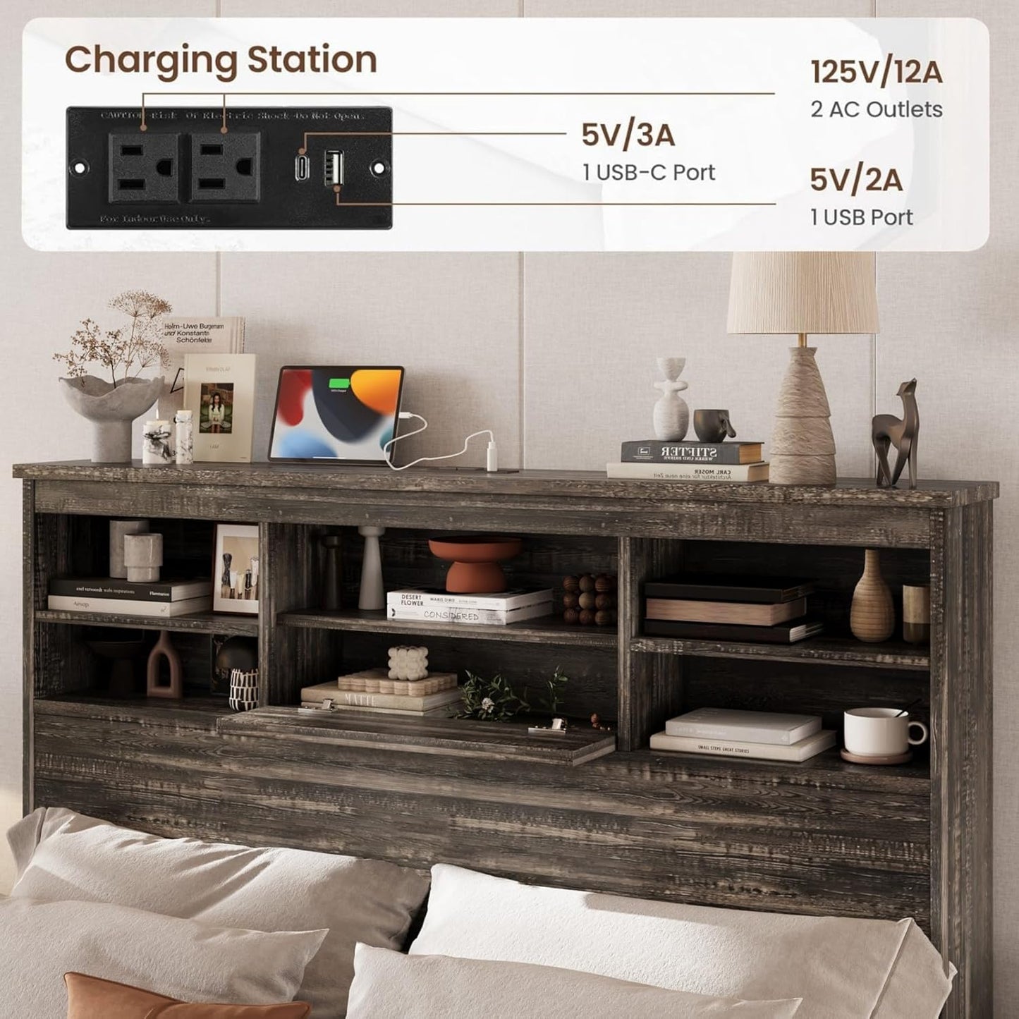 4-Pcs Queen Size Bed Frame Dresser Night Stand Bedroom Set, Platform with USB Charging Ports Storage Headboard & 1 X 5 Drawers Cabinet & 2 X Nightstands, Wooden, Antique Grey