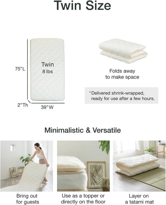 Japanese Futon, Twin Size, White - Foldable Shikibuton Floor Bed - Medium Firm Quilted Cotton Sleeping Pad, Portable Roll-Up Japanese Floor Bed for Guests & Small Spaces
