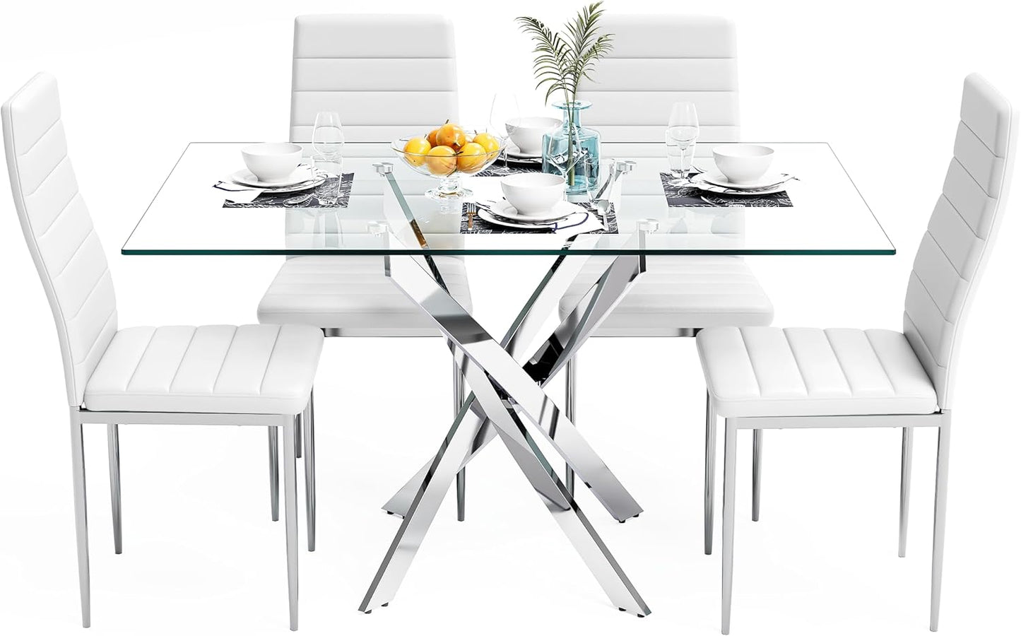 5 Piece Dining Table Table Set, Tempered Glass Dining Table Set for 4 Kitchen Table Set with 4 Upholstered Chairs for Kitchen Dining Room (Sliver Table with White Chair)