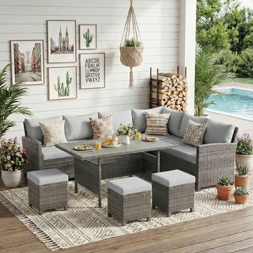 7 Piece Patio Furniture Set, High Curved Back Wicker Outdoor Dining Set, All Weather Patio Sectional, Outdoor Furniture Patio Conversation Set with Ottoman, Ash Gray