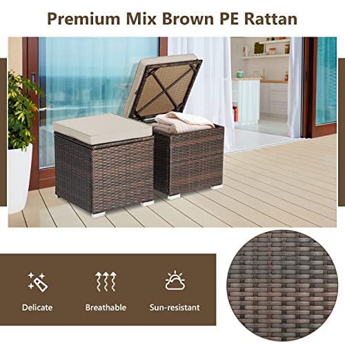2 Pieces Patio Ottomans, Patiojoy Hand-Woven PE Rattan Side Table with Removable Cushion & Hidden Storage Space, Multifunctional Storage Box, Seat for Patio, Backyard, Poolside (Beige)