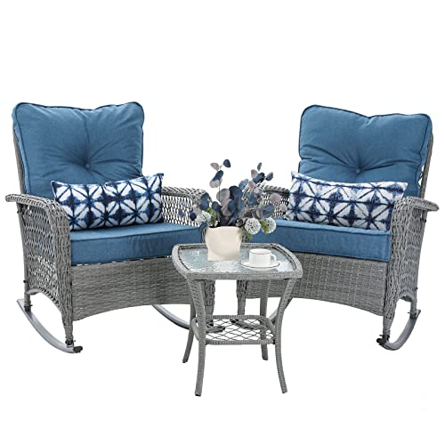 Patio Furniture Set 3 Pieces, Wicker Rocking Bistro Set with Thick Cushions, Outdoor Rocker Chairs and Coffee Table for Porch, Backyard or Garden (Blue)