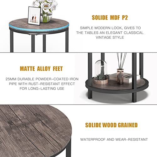 Round Side Table Set of 2,16in Rustic Wooden End Table Surface Top & Sturdy Metal Legs Nightstand for Living Room Bedroom Farmhouse Sofa Table with Storage Open Shelf,Light Walnut