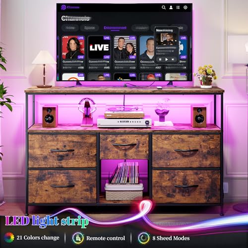 TV Stand for 45/50" TVs, 5 Drawers & LED Lights & Power Outlets | Strong Metal Frame for Stability, Spacious Shelves Display Collections & Keep Organized, Dresser for Bedroom & Studio, Brown