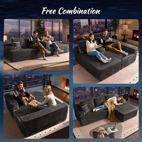 104" Cloud Boneless Couch with Glitter Fabric, Moudular Sectional Sofa with Deep Seat, No Assembly Required, Modern Minimalist L Shaped Couches with Chaise for Living Room, Grey