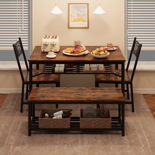 Dining Table Set for 4 with Bench and Chairs, 4-Piece Kitchen Table Set with Storage – Space-Saving Dining Table for Apartments and Dining Rooms, Brown