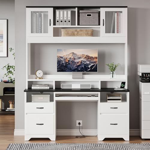 77.8" H Computer Desk with Hutch, Charging Station, LED Light,White, view 7
