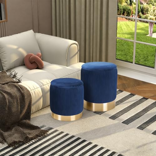 Blue Round Ottoman with Storage Set of 2 Upholstered Velvet Vanity Stool for Living Room Small Ottoman Coffee Table with Removable Lid Foot Stool for Living Room, Bedroom, Hallway, Assembly Free