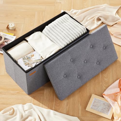 Storage Ottoman Bench, 30 Inches Button Tufted Upholstered Ottoman Footstool with Storage for Living Room Bedroom Entryway, Load 660 lb, Linen Dark Gray