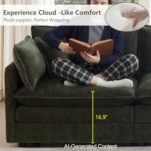 76.7" Green L Shaped Cloud Couch, Modern Chenille Modular 2 Seater Loveseat Sofa with Movable Ottoman, Deep Seat Sectional Couch with Pillows for Small Place, Living Room Apartment Office