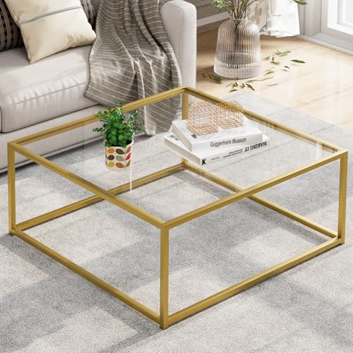 Glass Coffee Table, Small Square Coffee Table for Living Room,Simple Modern Center Tables for Small Spaces, Gold Living Room Tea Tables Easy Assembly,26 * 26in(Gold & Clear Glass)