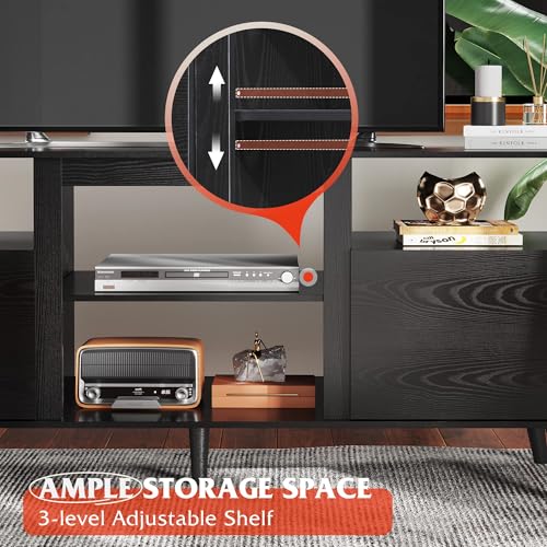 Mid-Century Modern TV Stand for 55 60 65 Inch TV, Entertainment Center with Extra Open Shelf & Storage Cabinets, Media TV Console for Living Room Bedroom Office, Black