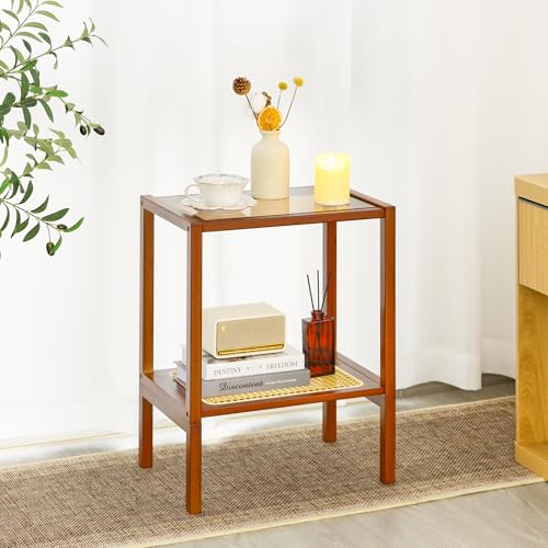 2-Tier Bamboo Side Table, Modern Glasstop Rattan Side Table, Mid Century Wood Sofa-Side End Tables for Living Room, Bedroom Night Stand with Storage, Small Narrow Coffee Tables, Walnut